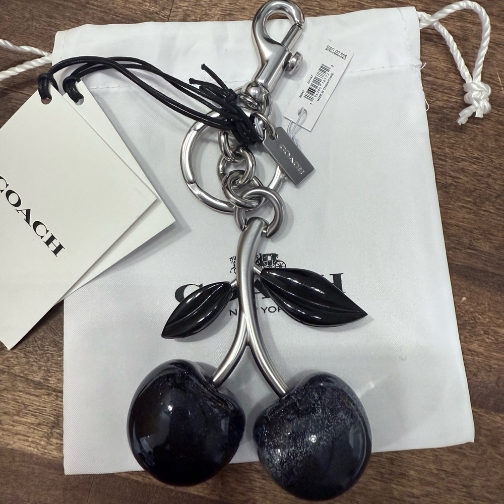 NWT Limited COACH Signature Cherry Bag Charm Black Glitter Key Chain 88547